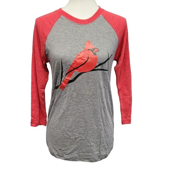 Handmade Tops - New Hand Printed XS Red Cardinal Bird 3/4 Sleeve Gray Cotton Blend Raglan Tee
